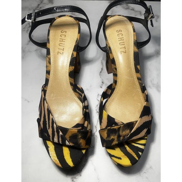 Schutz Platform Shoes Womens Size 7B Block Heel Animal Print Sandals - Picture 3 of 9